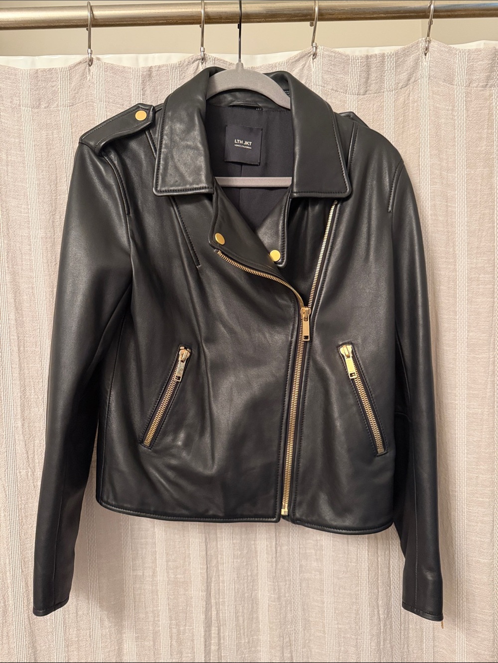 Women's Black Leather Moto Jacket with Gold Hardware